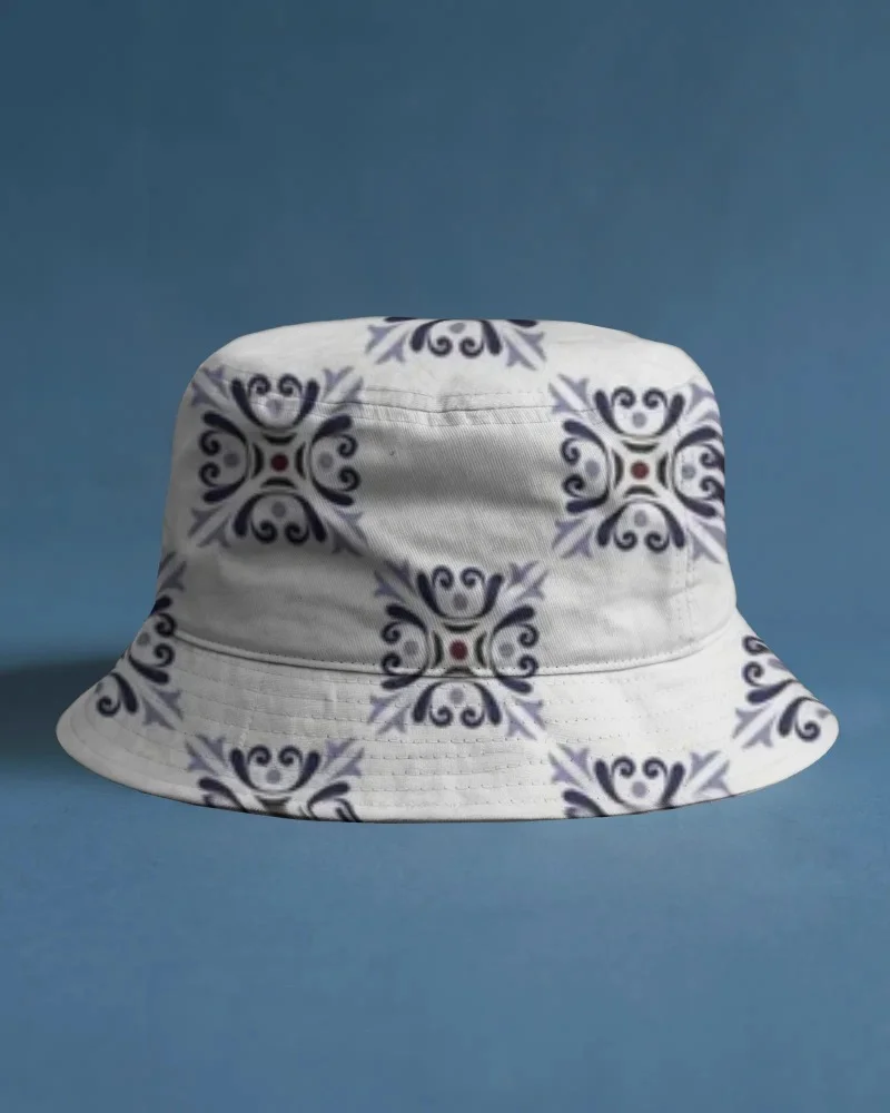 bucket hat mockup on blue background minimalist studio setup clean modern fashion presentation