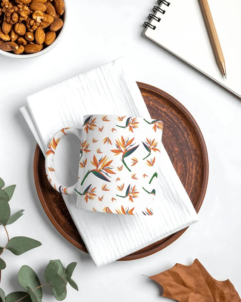 ceramic mug mockup on textured napkin with plate accessories office desk style
