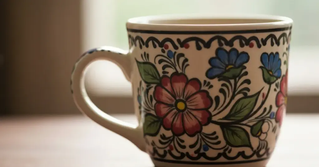 close-up image of an Indian ceramic tea mug using a 60mm lens