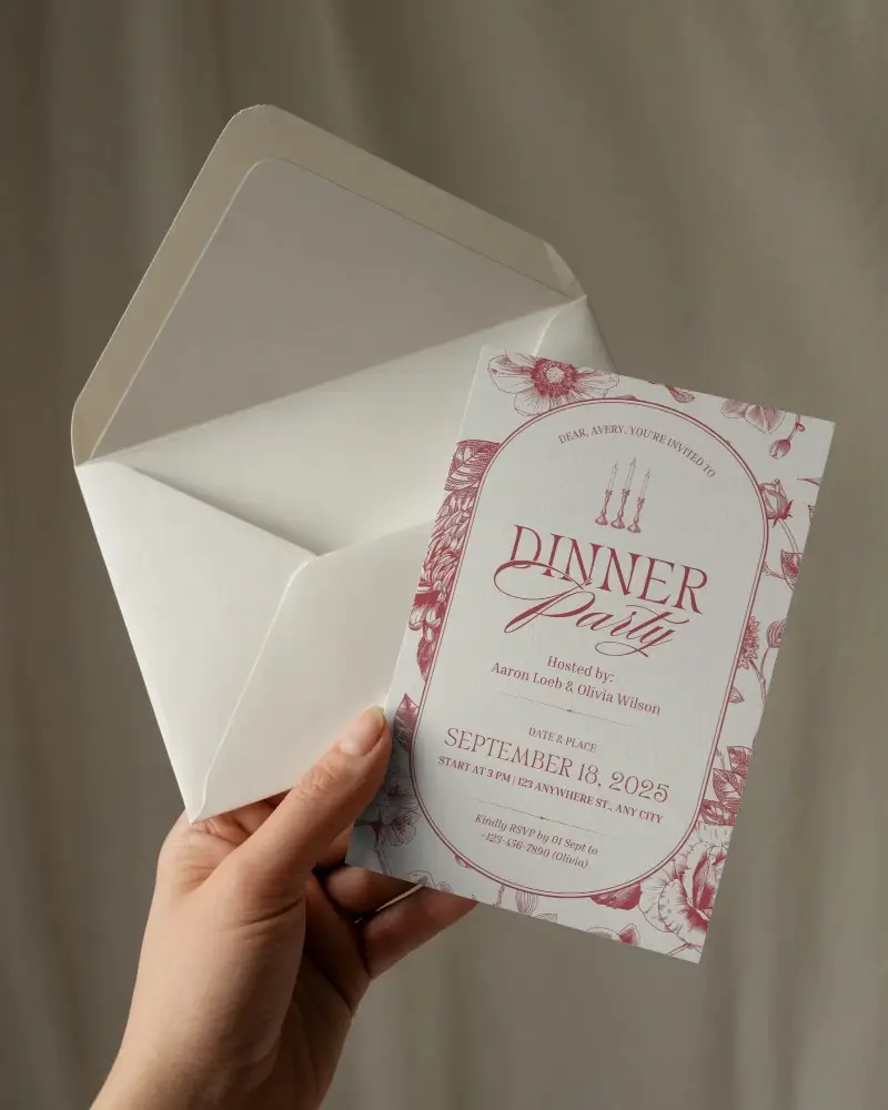 hand holding invitation card with matching envelope minimalist invitation mockup design