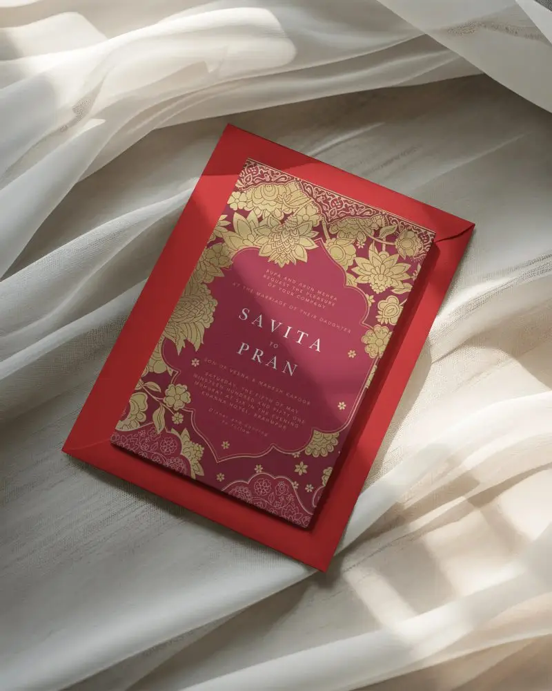 elegant black invitation card mockup and envelope on textured fabric background with natural light