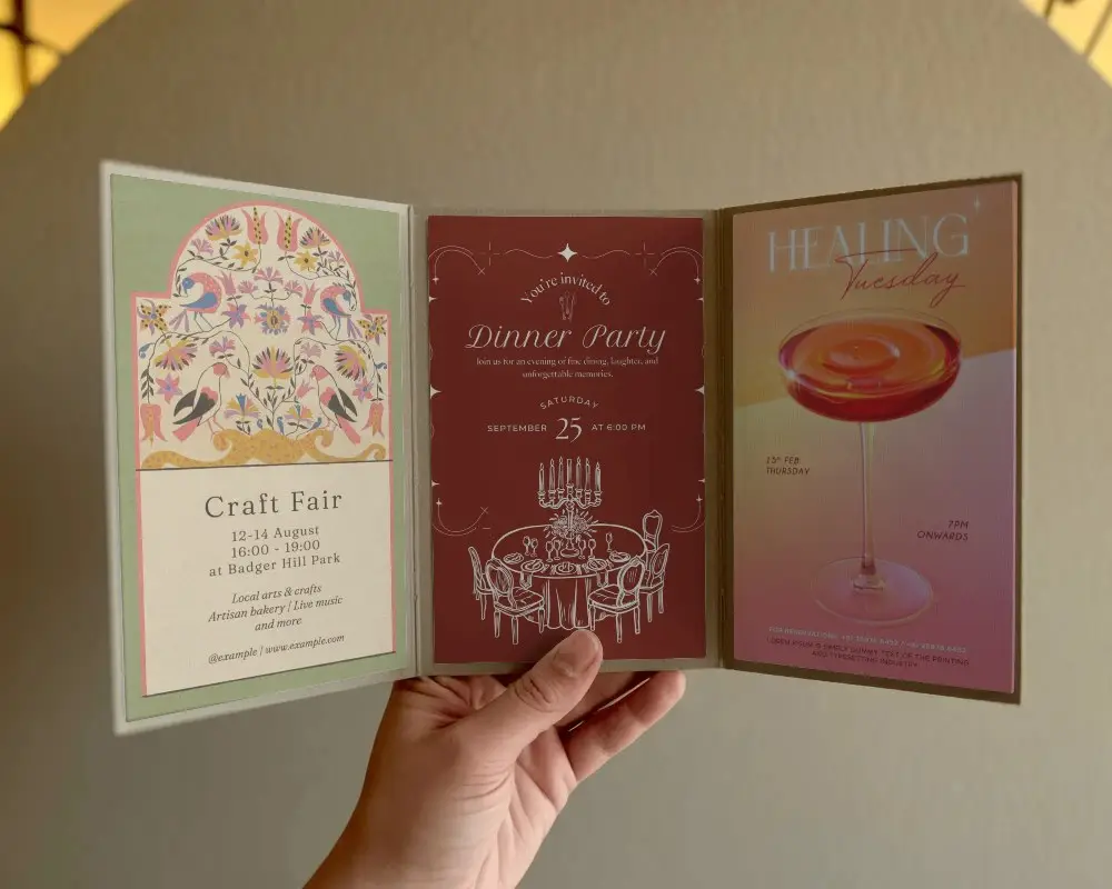 hand held trifold invitation card mockup for event display and customization