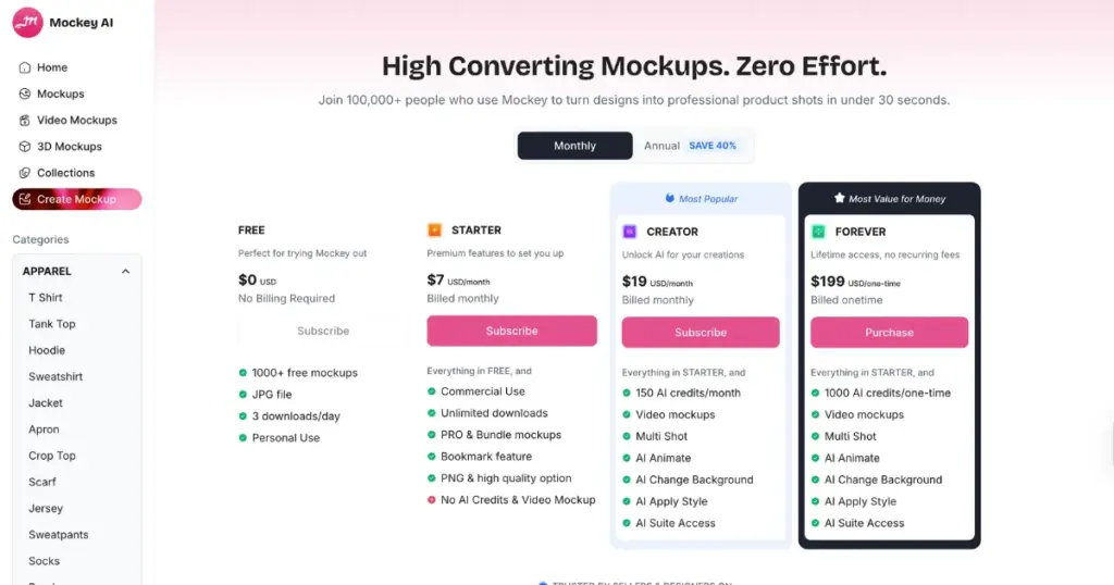 mockey pricing compare to bendito mockup