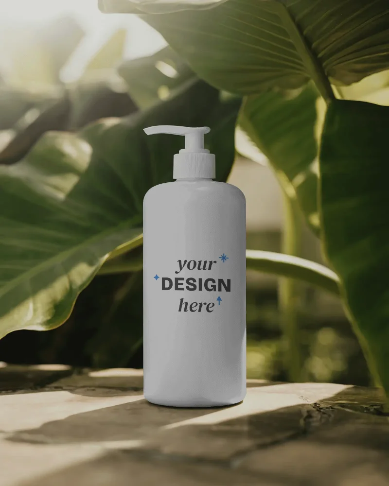 shampoo bottle mockup with tropical leaves background for branding 