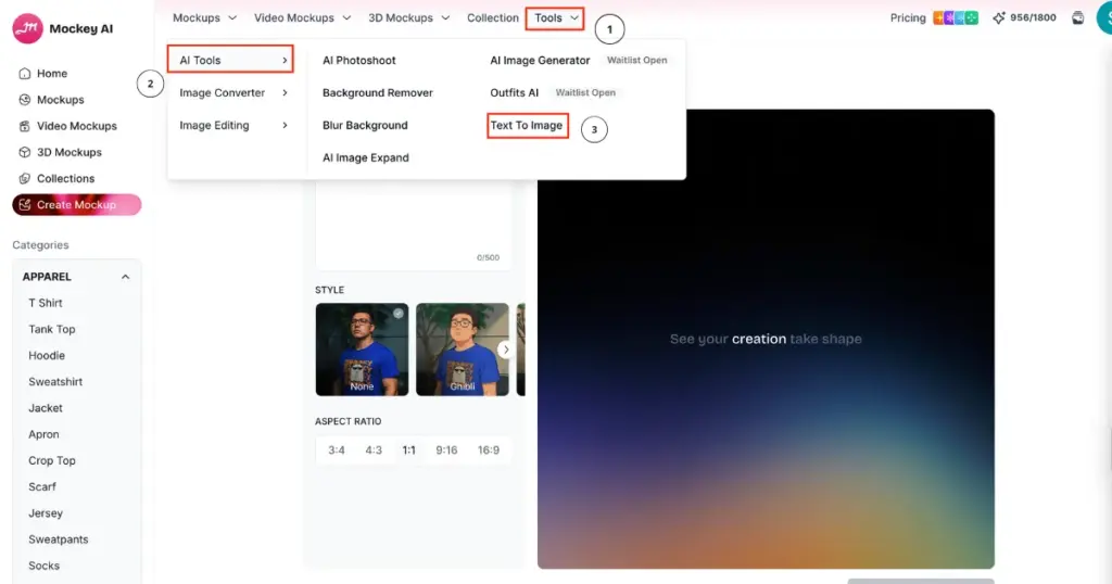 select text to image in ai tools section