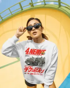 vibrant outdoor womens sweatshirt mockup female model wearing sunglasses sunny urban scene