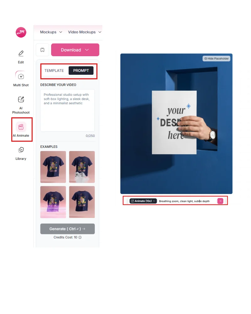 AI Animate turns your static mockup into an animation inside the Mockey editor
