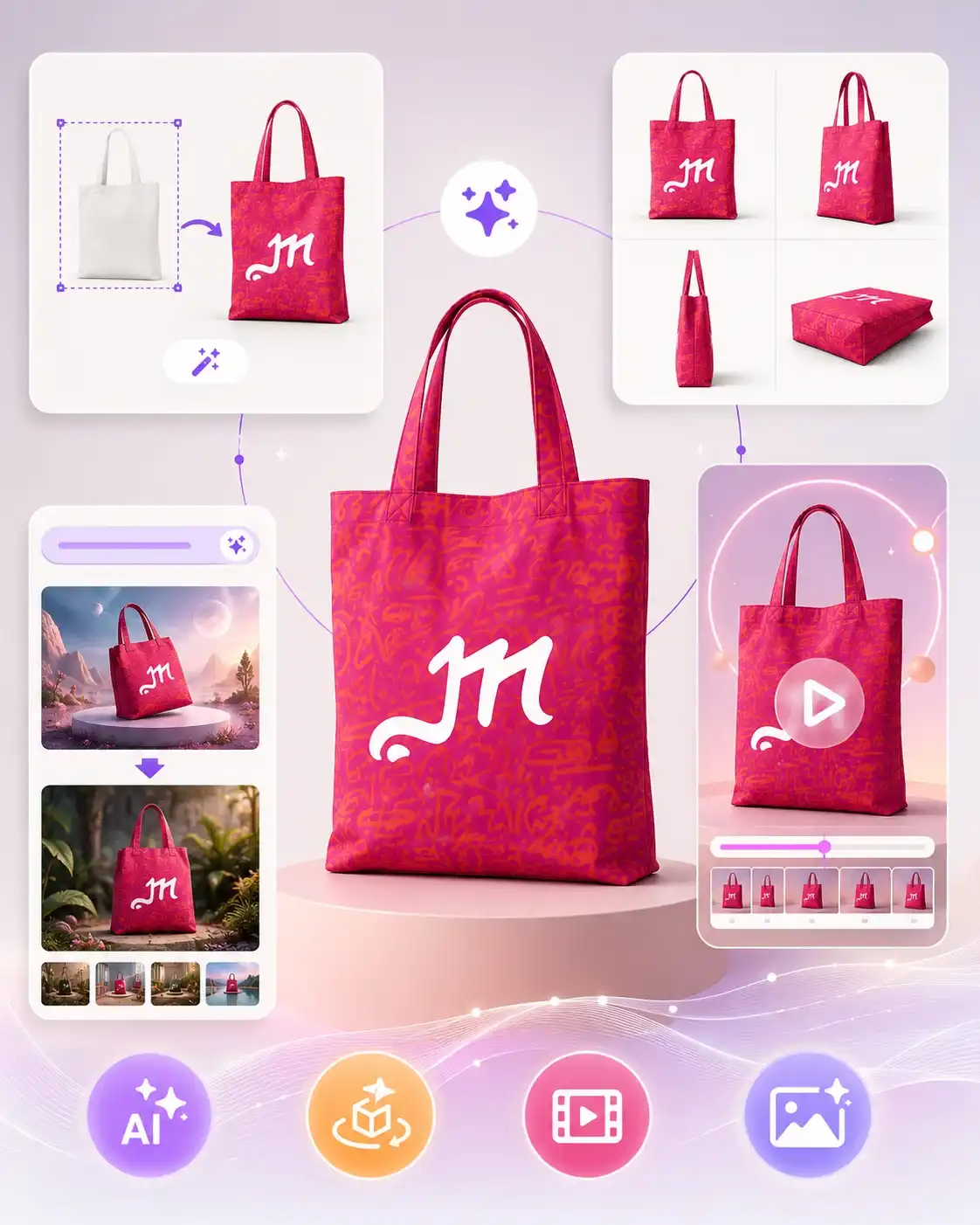 Our AI product mockup generator lets you do more than just pick templates. You can create custom mockups, generate multi-angle shots, and convert a mockup to motion animation. Also, use AI Photoshoot to place your design in AI-generated scenes.