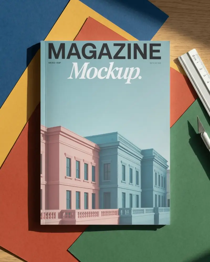 blank hardcover magazine mockup with cutting knife and ruler on colorful paper background