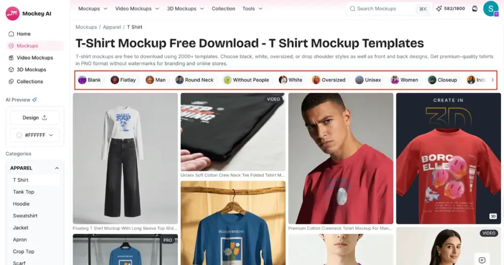 different types and styles of tshirt mockup in mockey ai