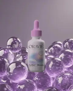 dropper bottle mockup floating above glossy transparent spheres beauty packaging template