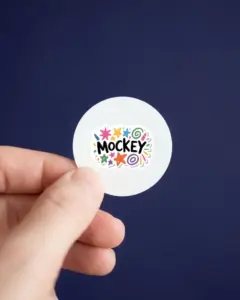 isolated hand with round sticker mockup for branding or promotional use