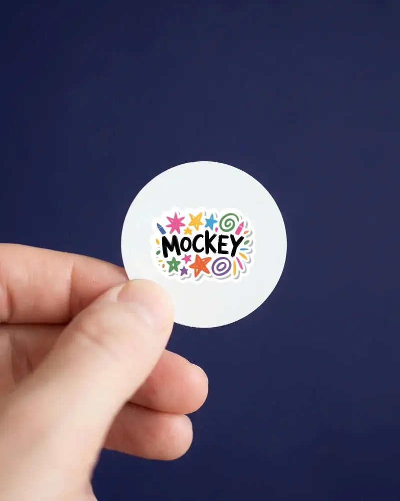 isolated hand with round sticker mockup for branding or promotional use