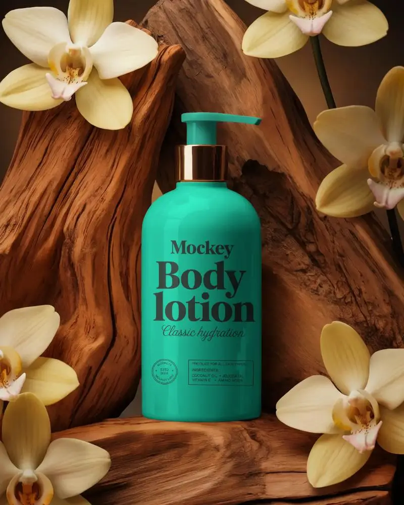 luxury cosmetic dispenser bottle with pump surrounded by orchid flowers and wood