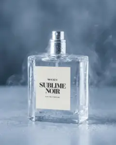 luxury perfume mockup with clear glass and metallic spray for branding