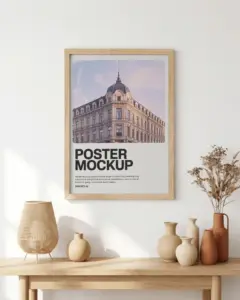 minimalist wooden frame poster mockup on plain wall with simple decorative vases and lamp