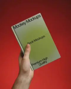 modern hand held book cover mockup on vibrant red backdrop product display