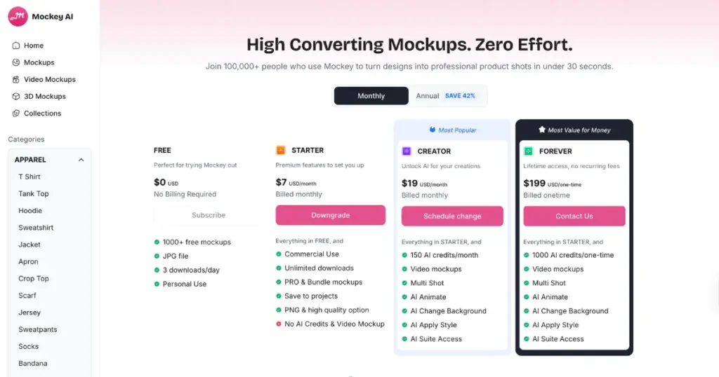 pricing page for ai photoshoot