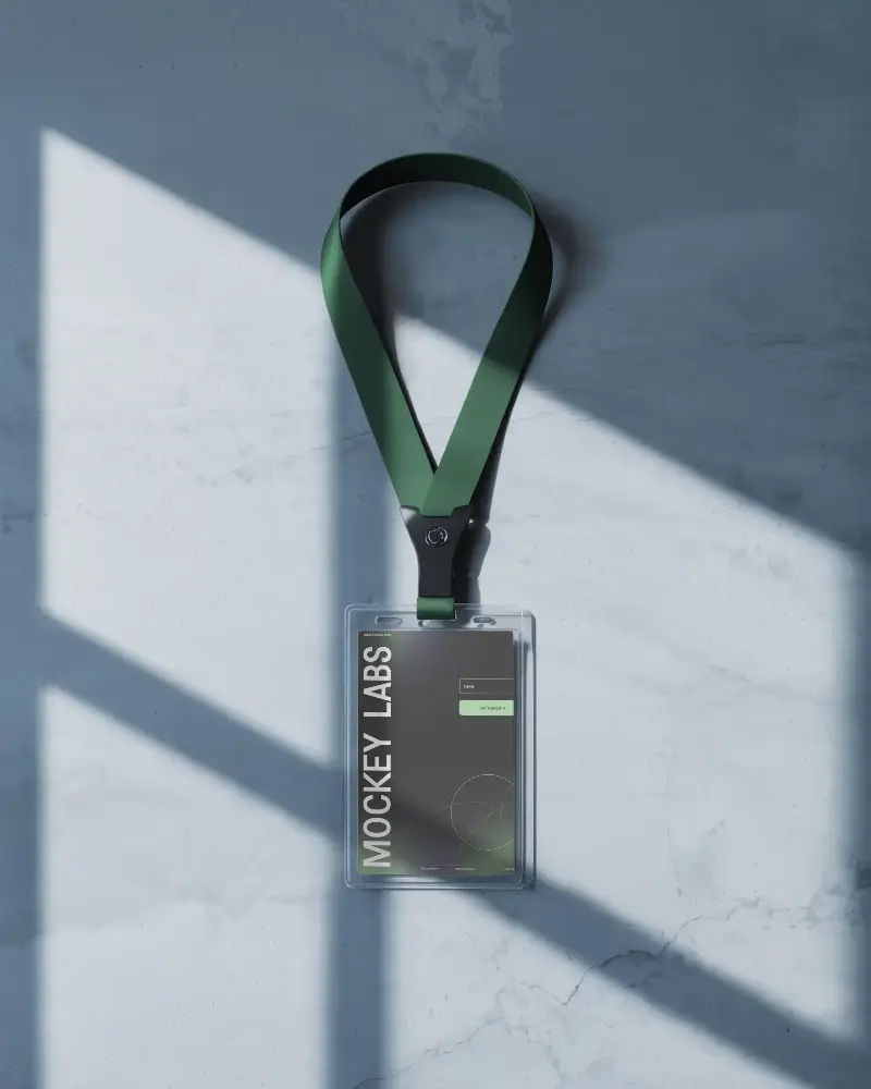 professional id card mockup with clear plastic holder and lanyard for workplace access