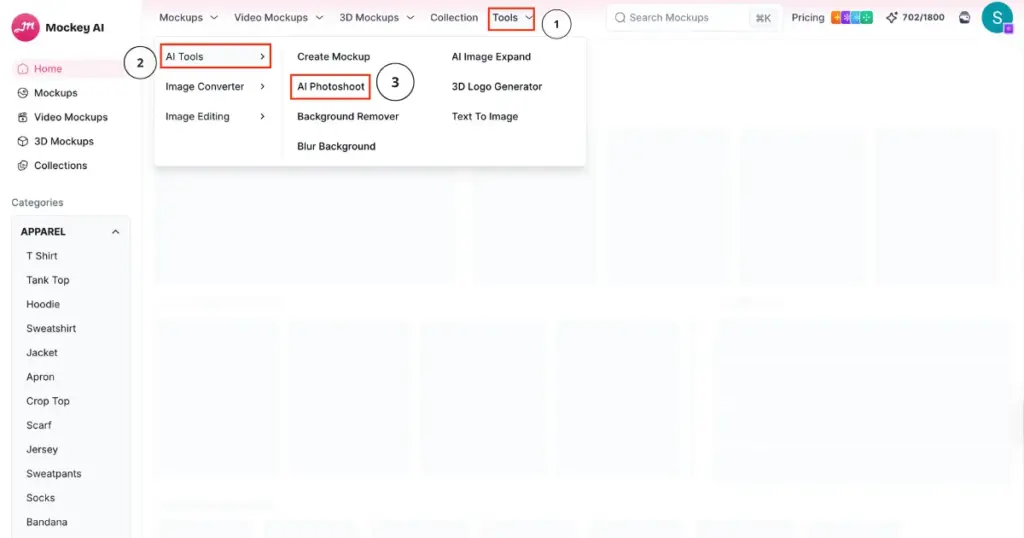 select ai photoshoot in tools