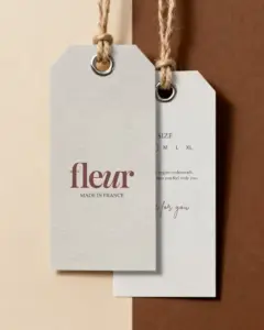 textured hanging label mockup with metal eyelet and natural rope on contrasting background