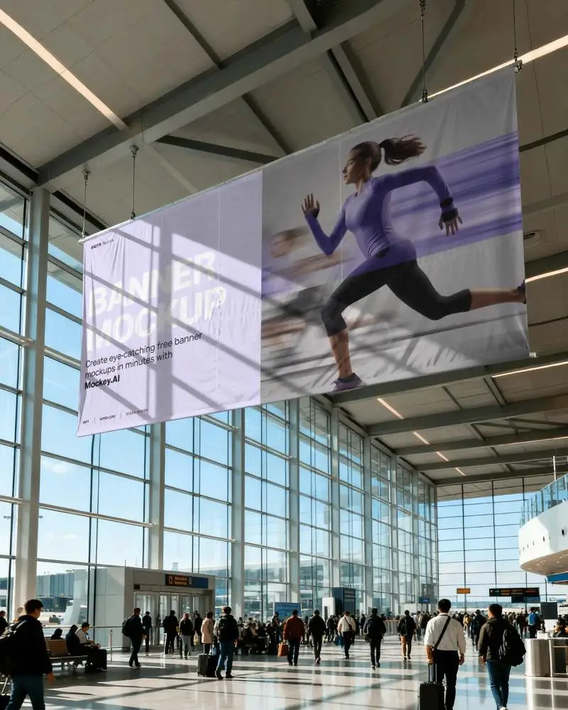 airport terminal hanging banner mockup large fabric display with glass walls and travel crowd