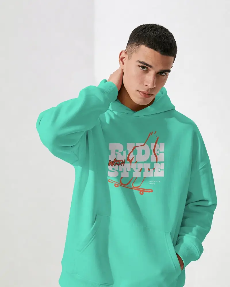 hoodie mockup front view male model touching neck in clean white studio lighting