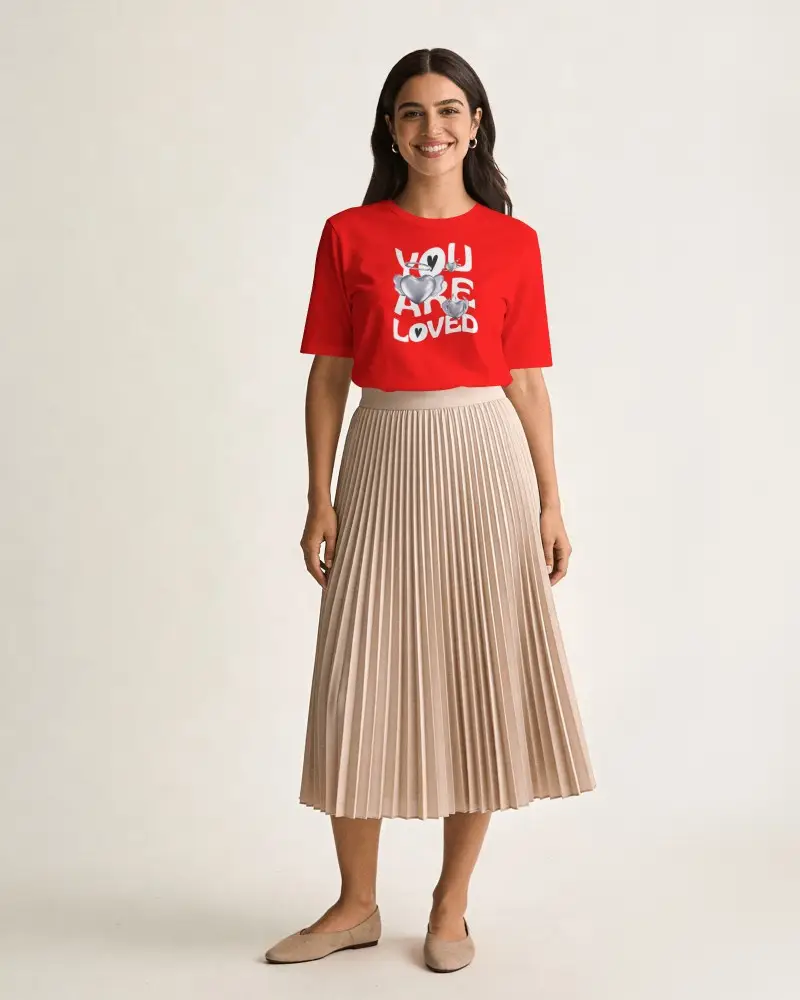 full body t shirt mockup female model standing straight with relaxed smile clean studio