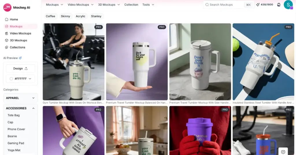 mockey ai interface for creating tumbler mockups