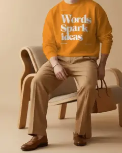 seated male model sweatshirt mockup on modern chair minimal fashion studio scene