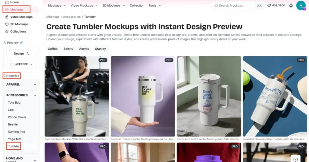 selecting tumbler category under accessories in mockey ai sidebar menu