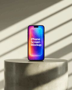 sleek iphone 15 plus mockup on minimalist pedestal with soft shadow background for app promotion