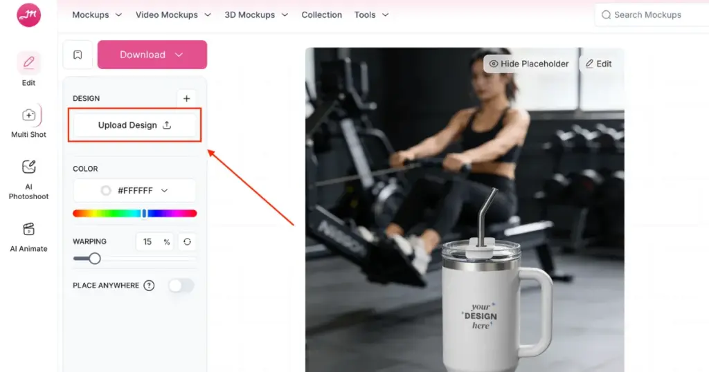 upload design button in editor