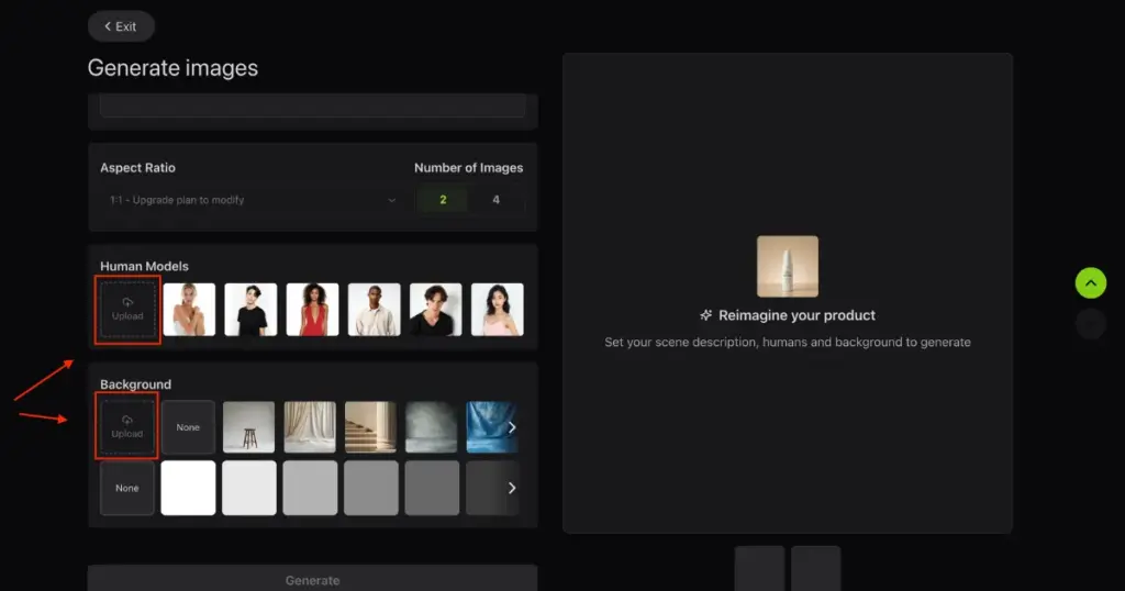 upload own human model and background in flair ai