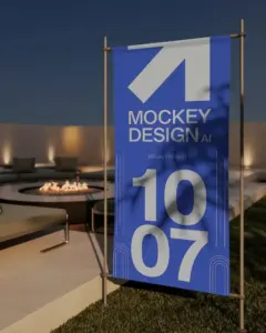 vertical garden banner mockup display with sharp shadow in modern patio setting