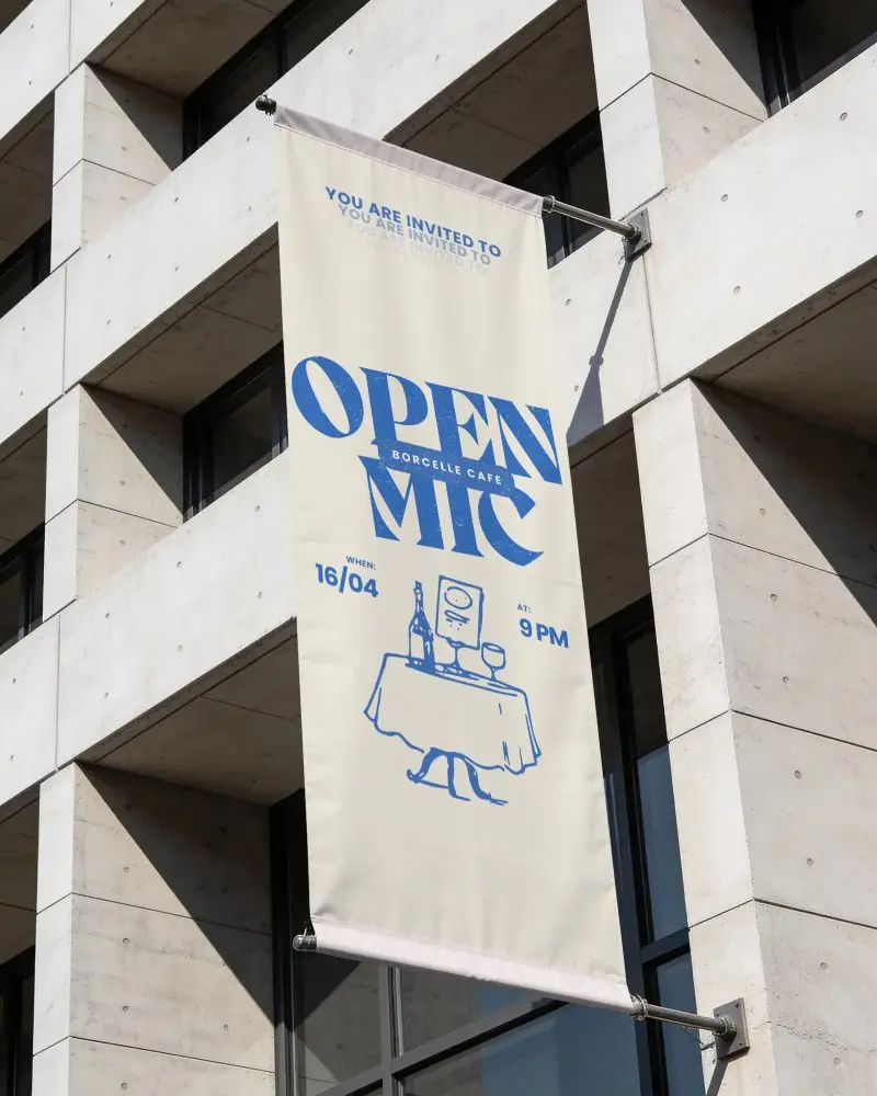 vertical outdoor banner mockup hanging on modern building for advertising promo display