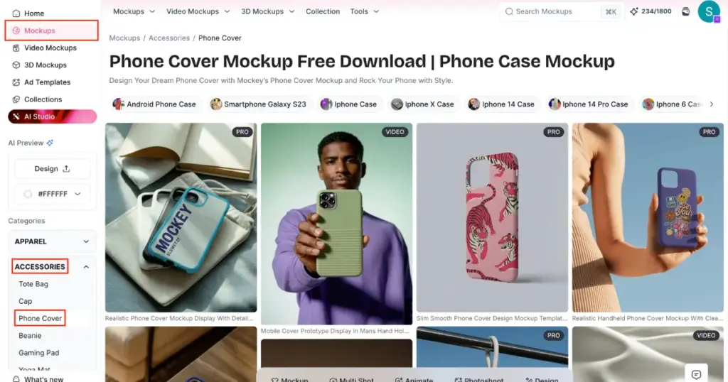 select phone cover template in the mockups section