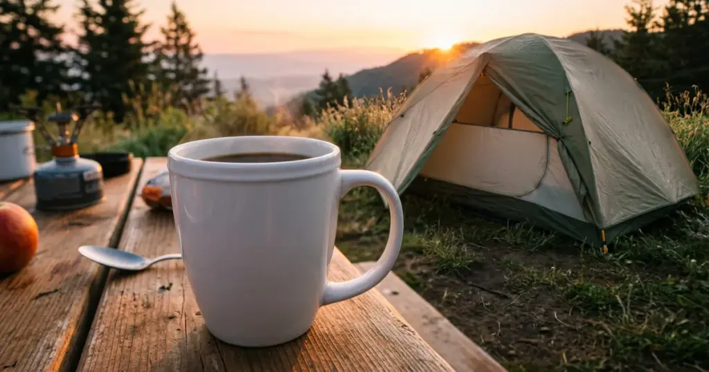 a mug sitting beside a tent at sunrise