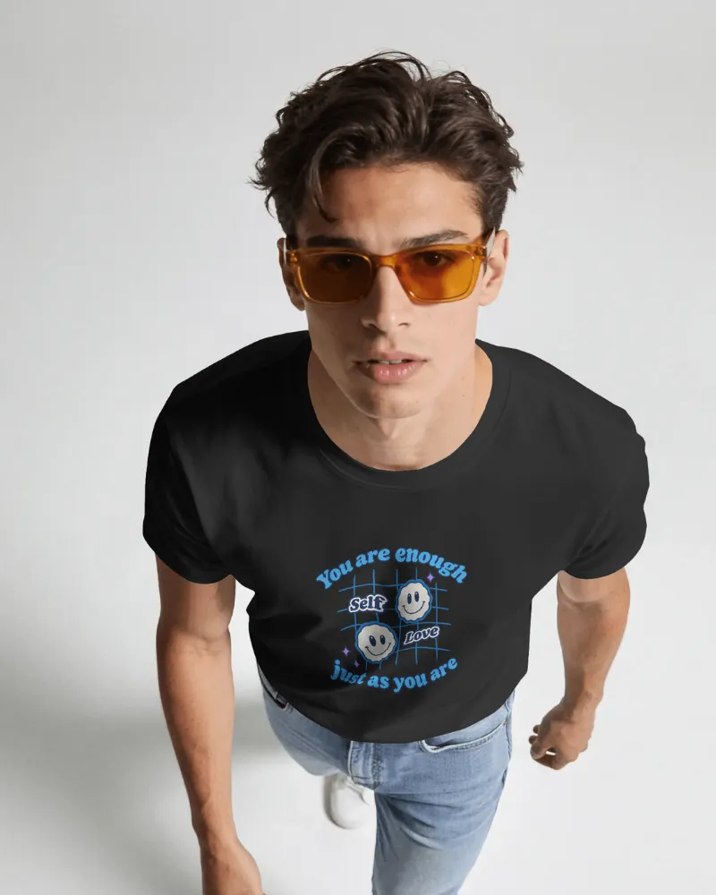 black tshirt mockup worn by a male model