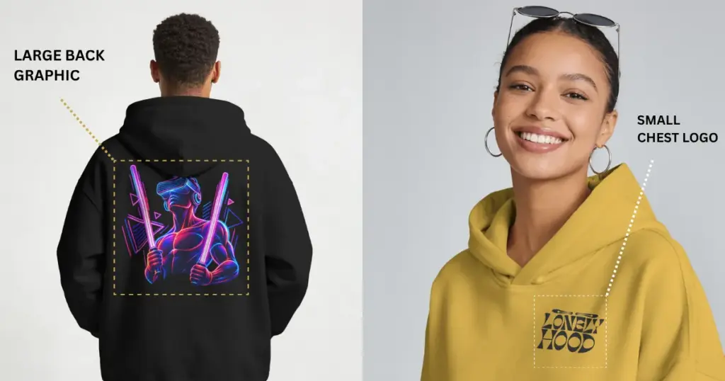 large back graphic vs small chest logo hoodie
