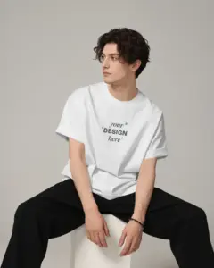 model sitting casually wearing tshirt mockup