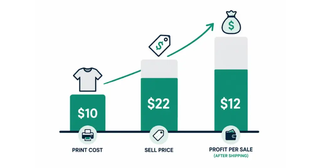 print on demand t-shirt design cost, selling price, and profit per sale