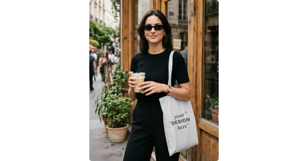 tote bag mockup outside cafe