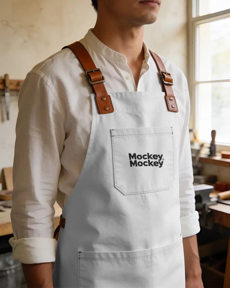 white apron mockup with a black logo on the front pocket